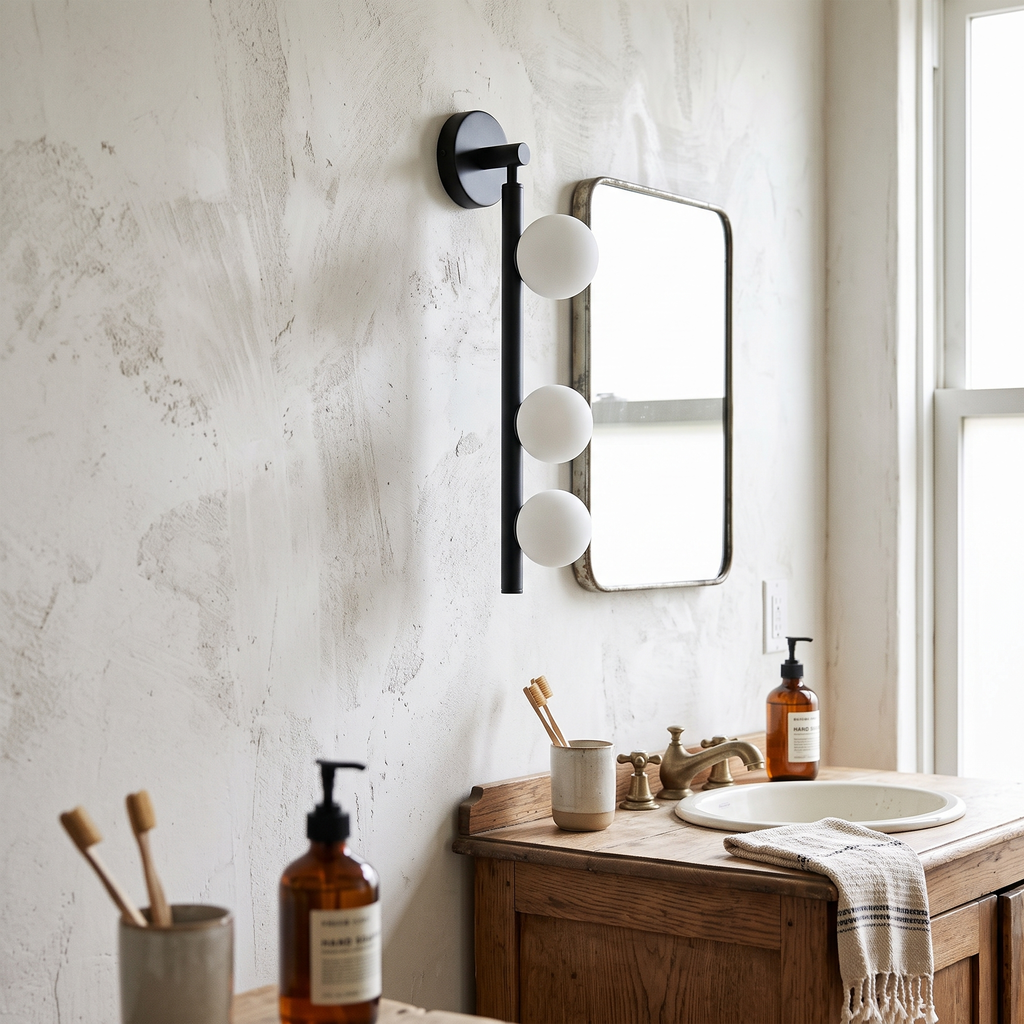 3 Light Glass Globe Wall Light detail in daylight - Valentina