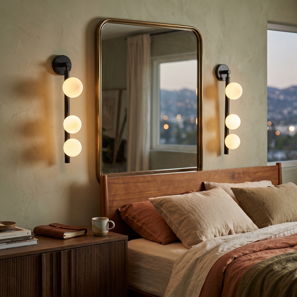 3 Light Glass Globe Wall Light pair styled in interior - Valentina