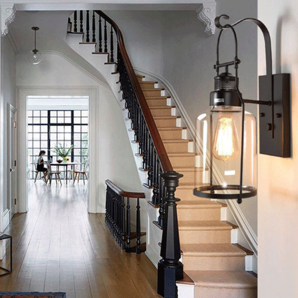 Glass Lantern Wall Light – E27 – Vintage – Metal & Glass – Black/Rusty