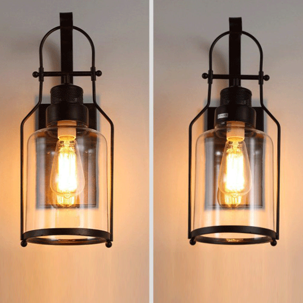 Glass Lantern Wall Light – E27 – Vintage – Metal & Glass – Black/Rusty