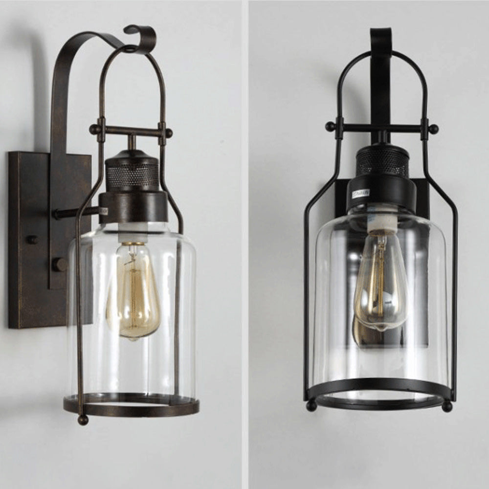 Glass Lantern Wall Light – E27 – Vintage – Metal & Glass – Black/Rusty