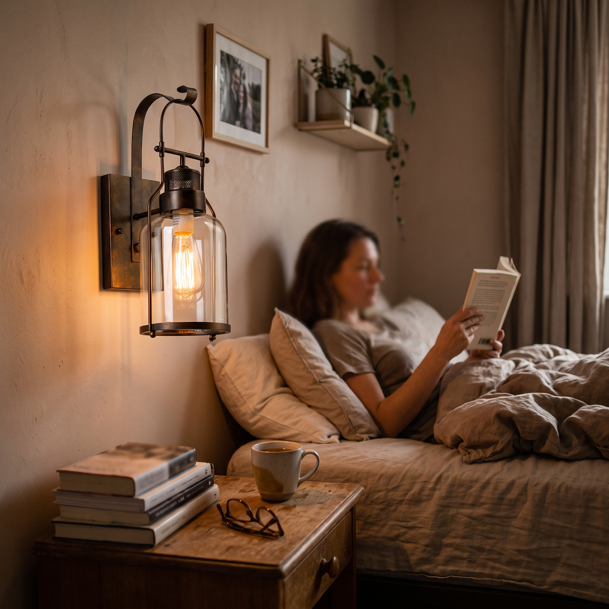 Vintage Lantern Wall Light Indoor in bedroom above bedside table - Silva