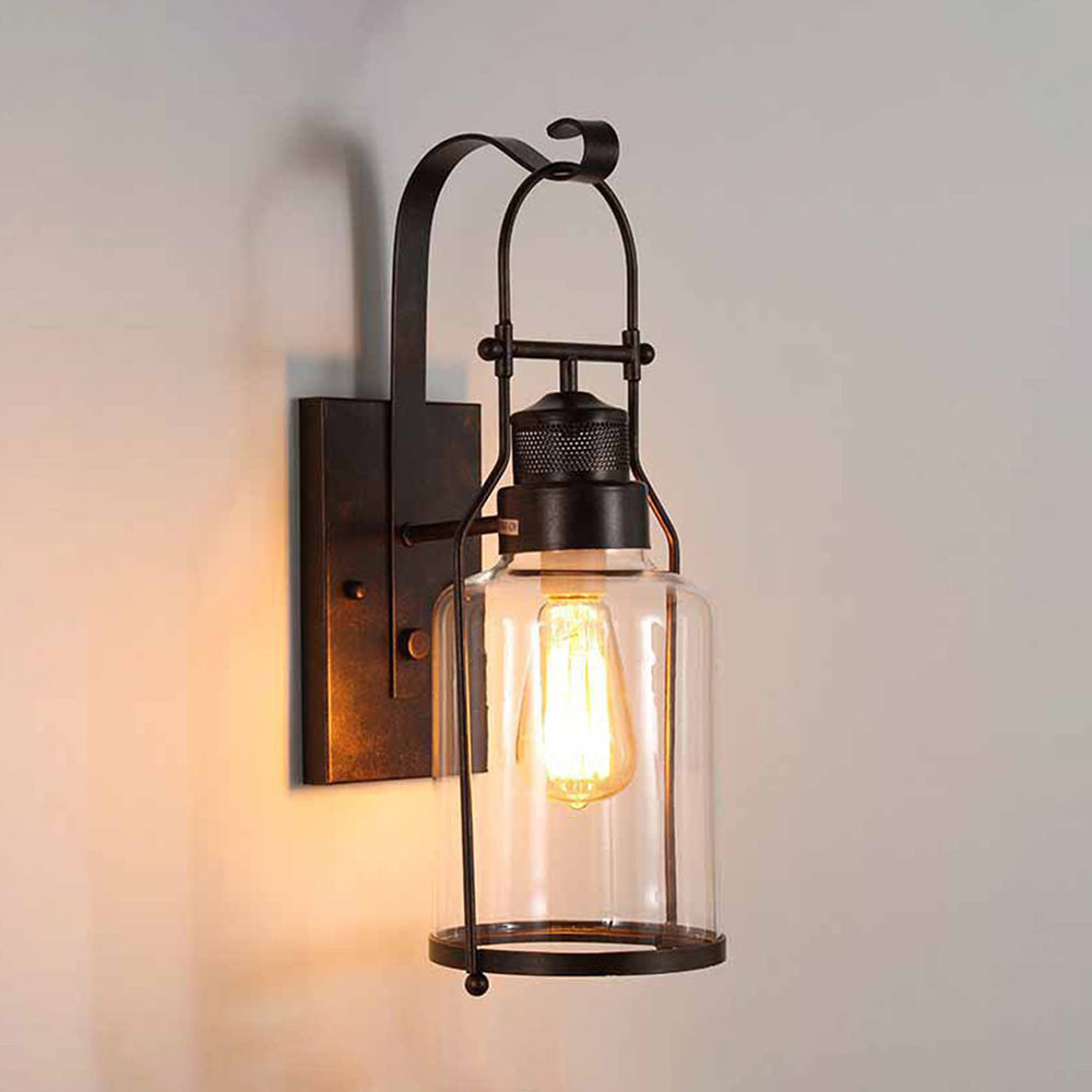 Glass Lantern Wall Light – E27 – Vintage – Metal & Glass – Black/Rusty