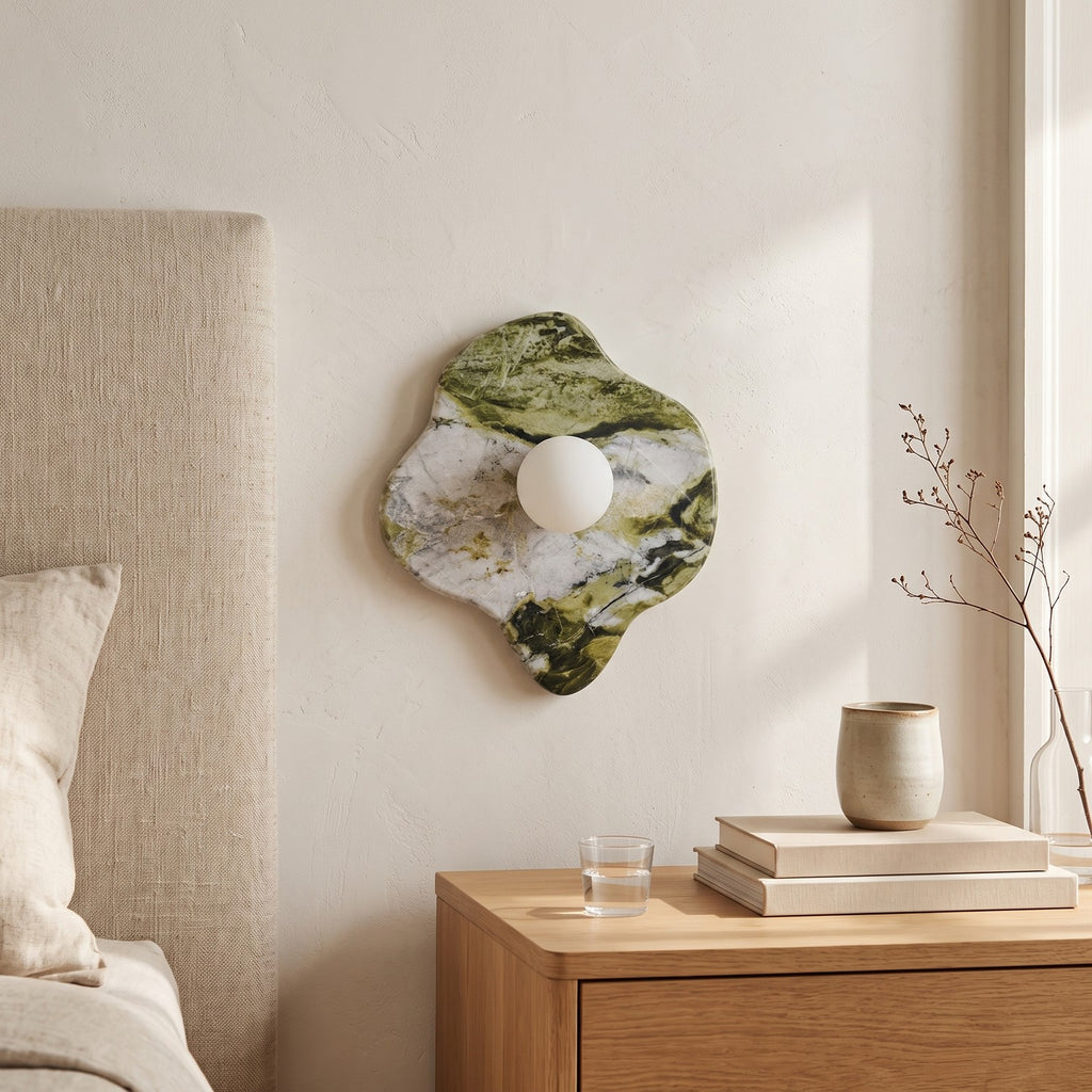 Green Marble Wall Light – Model C in a serene bedroom beside an upholstered headboard and oak nightstand