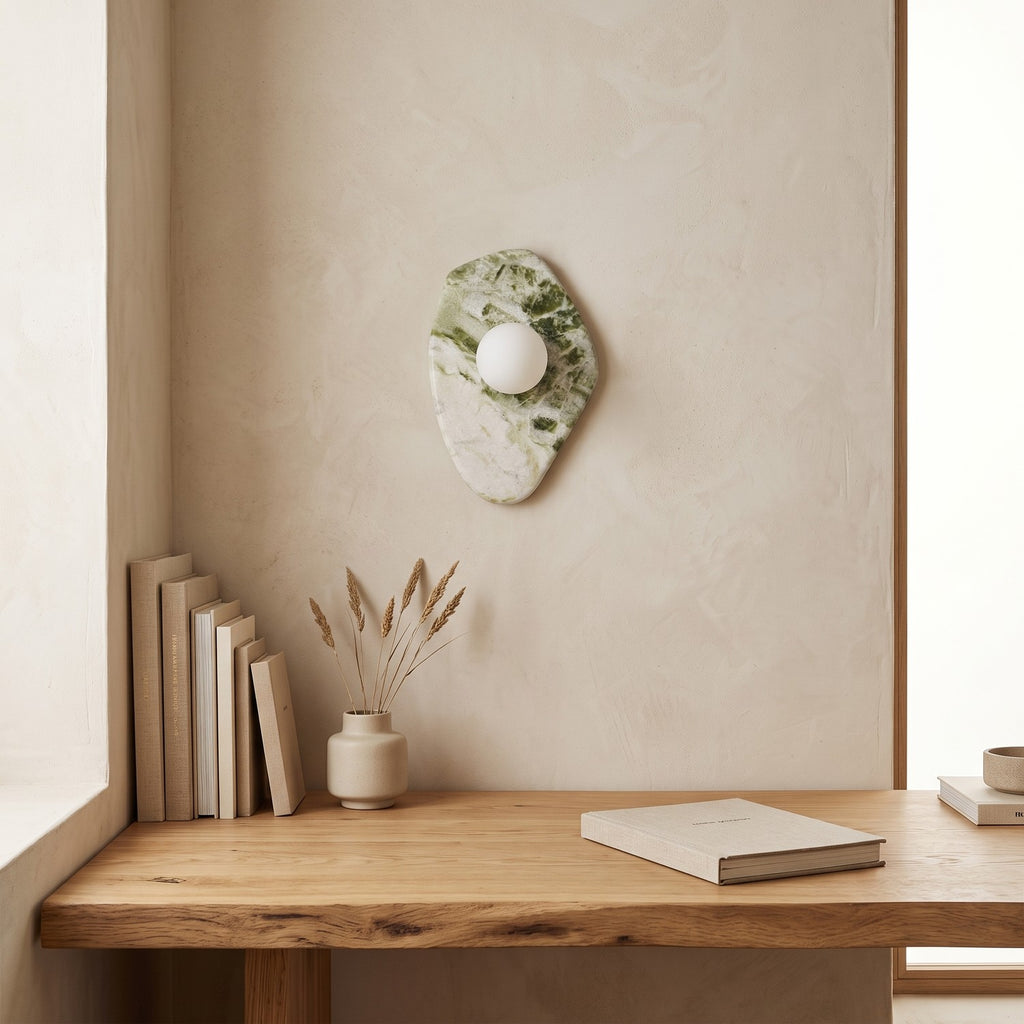 Green Marble Wall Light – Model B in a calm home office above a solid oak desk