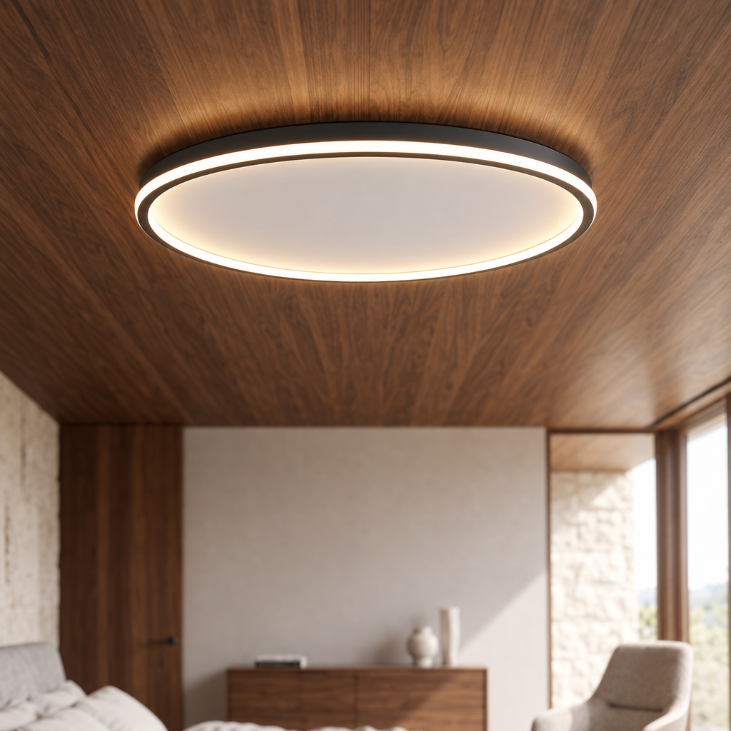 Minimalist black circular LED flush ceiling light with a soft, glare-free silicone diffuser mounted on a wooden ceiling.