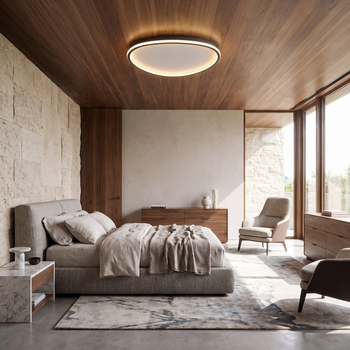 Minimalist black slim LED flush ceiling light with a soft, glare-free silicone diffuser mounted on a wood-paneled ceiling.