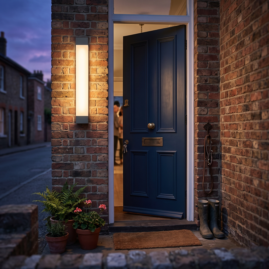 LED Linear Wall Light IP65 beside front door at dusk - Ray