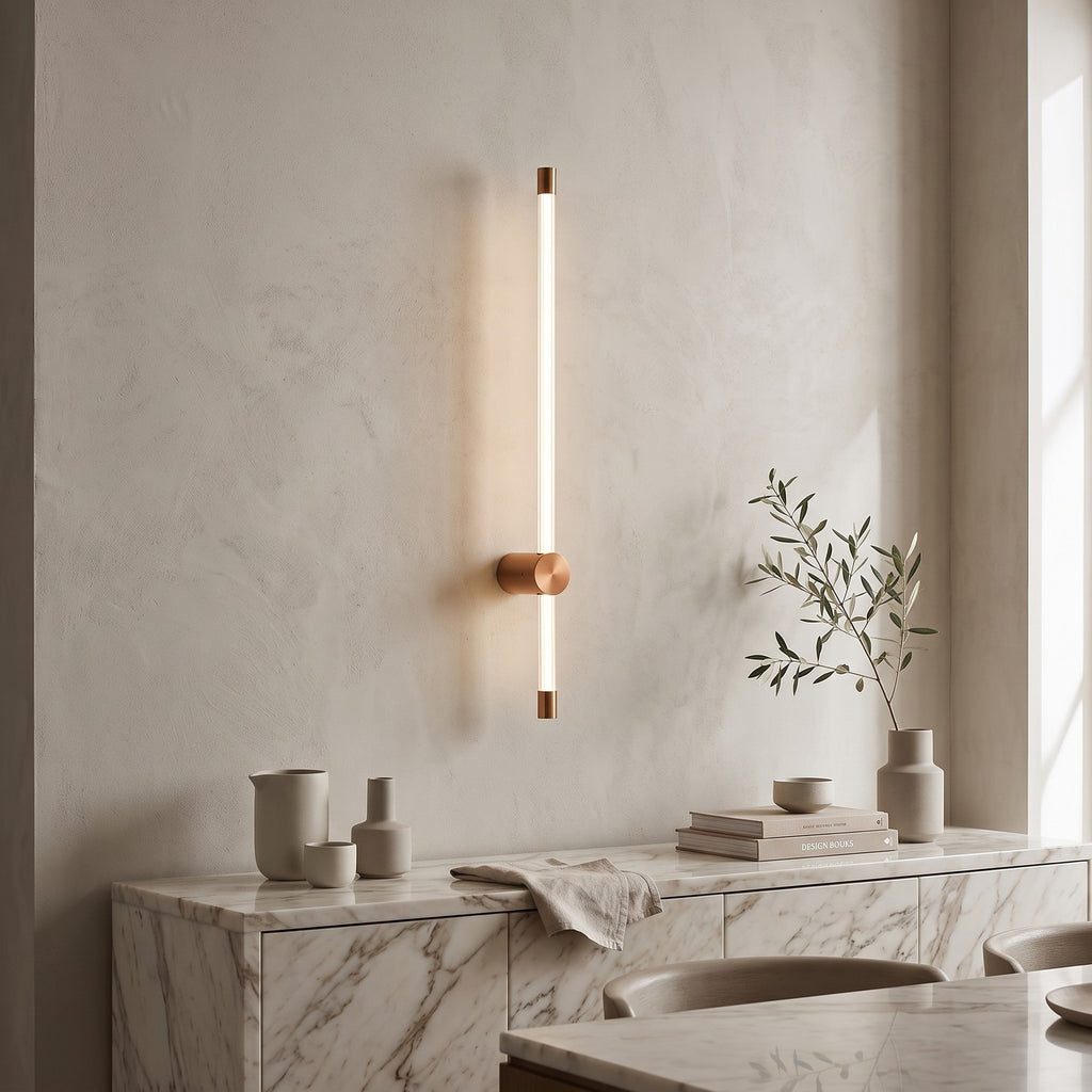 LED Tube Wall Light – Copper-mid in an elegant dining room above a marble sideboard