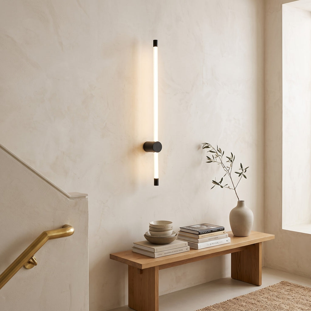 LED Tube Wall Light – Black-mid in a staircase landing with limewashed walls