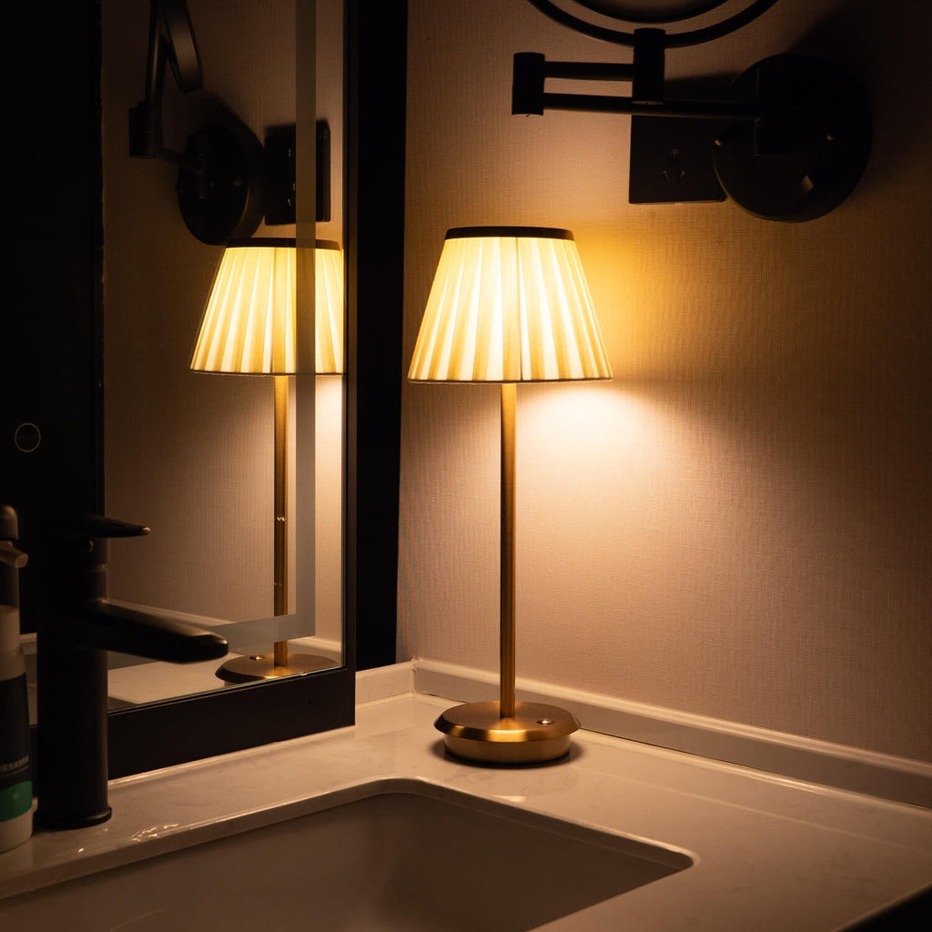 Cordless Fabric Shade Table Lamp – Minimalist – Iron & Fabric – Gold