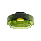 Retro layered ceiling light featuring stacked green glass tiers that create soft, tinted gradients of warm light.