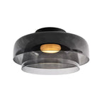 Retro layered ceiling light in smoky grey glass with a warm glowing center, 32cm wide.