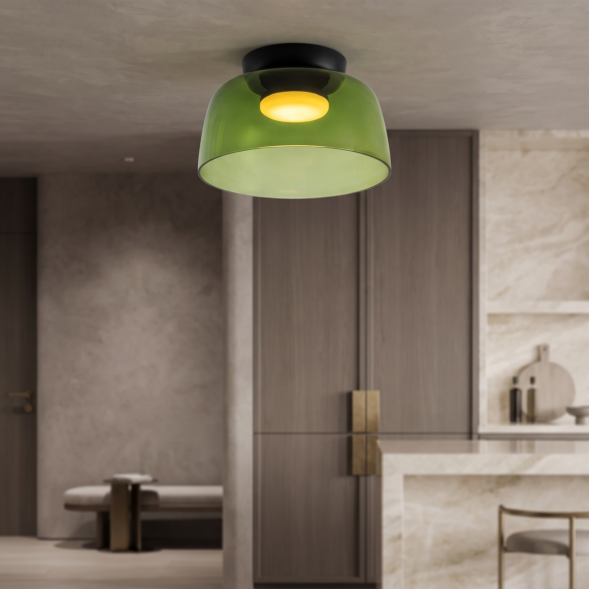 Retro green layered glass ceiling light with a warm glowing center, mounted in a modern kitchen interior.