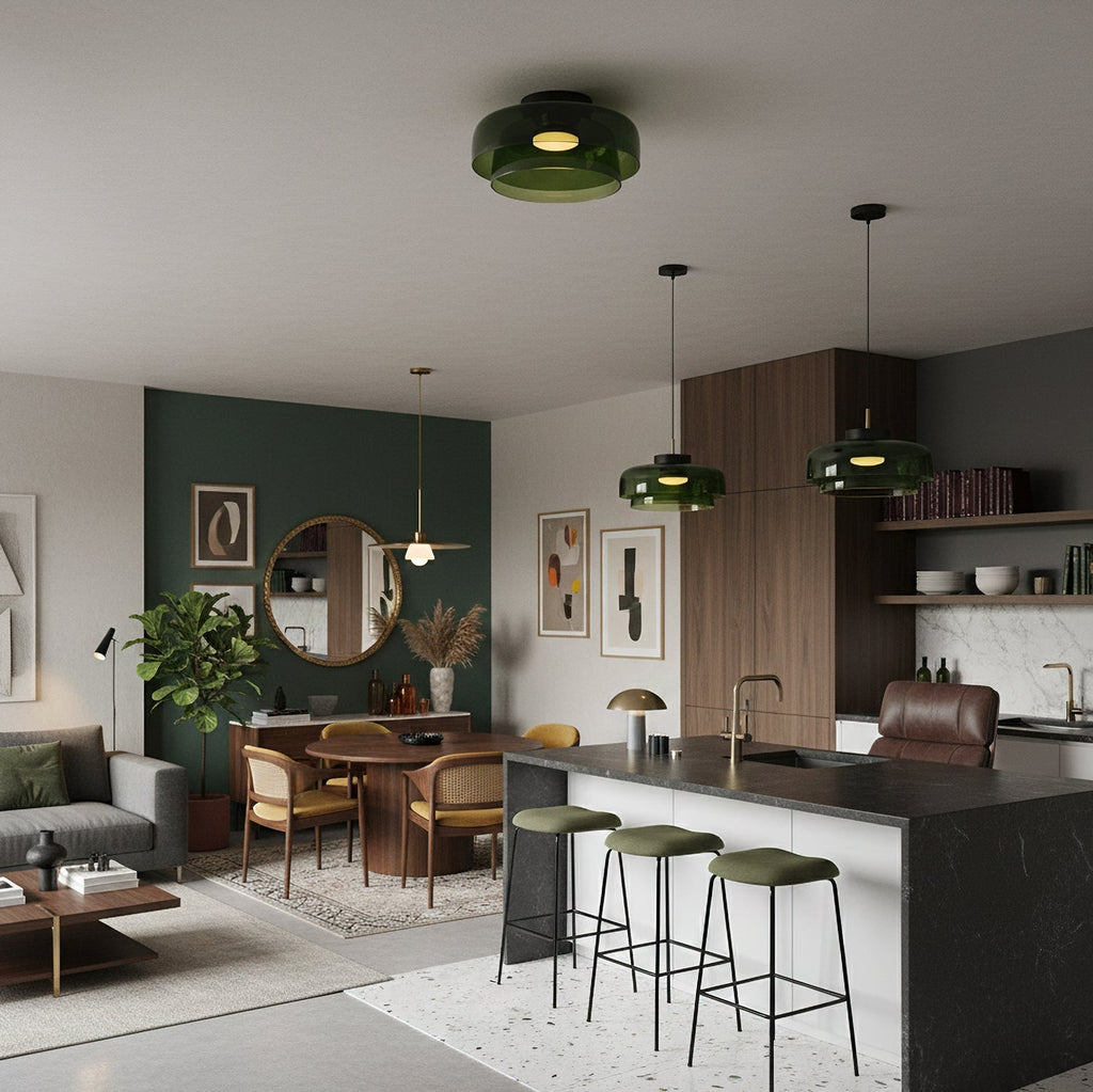 Retro layered green glass ceiling light fixture with a stacked design in a modern kitchen and dining room interior.