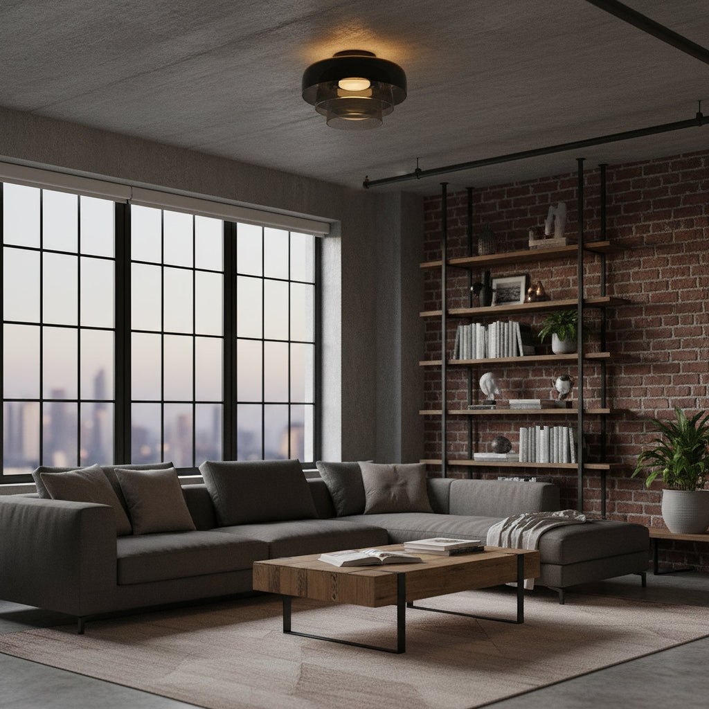 Retro layered smoky grey glass ceiling light in a modern living room with exposed brick and warm ambient lighting.