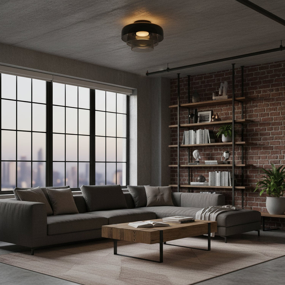 Retro layered smoky grey glass ceiling light in a modern living room with exposed brick and warm ambient lighting.