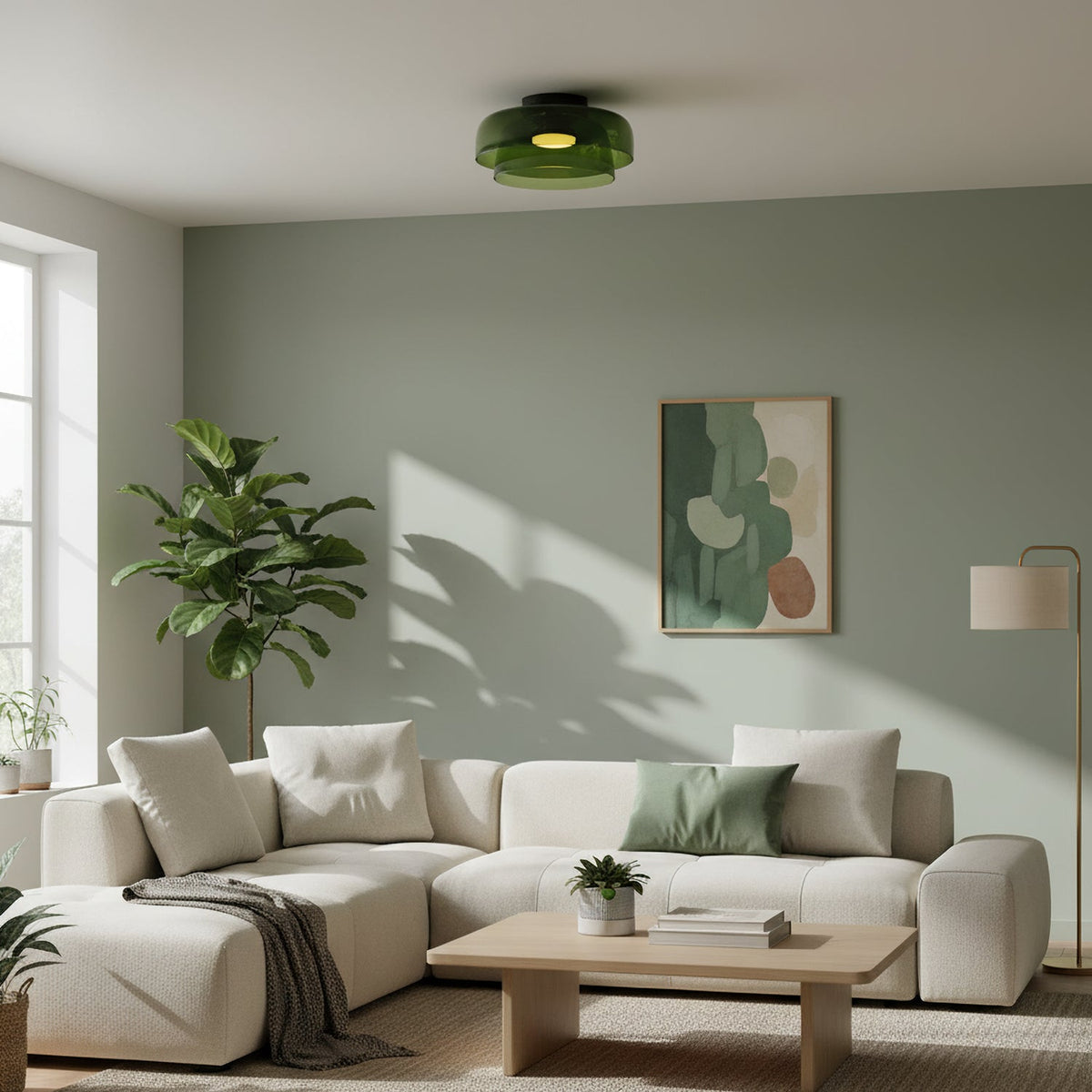 Retro layered green glass ceiling light fixture mounted in a modern living room with a cream sectional sofa.