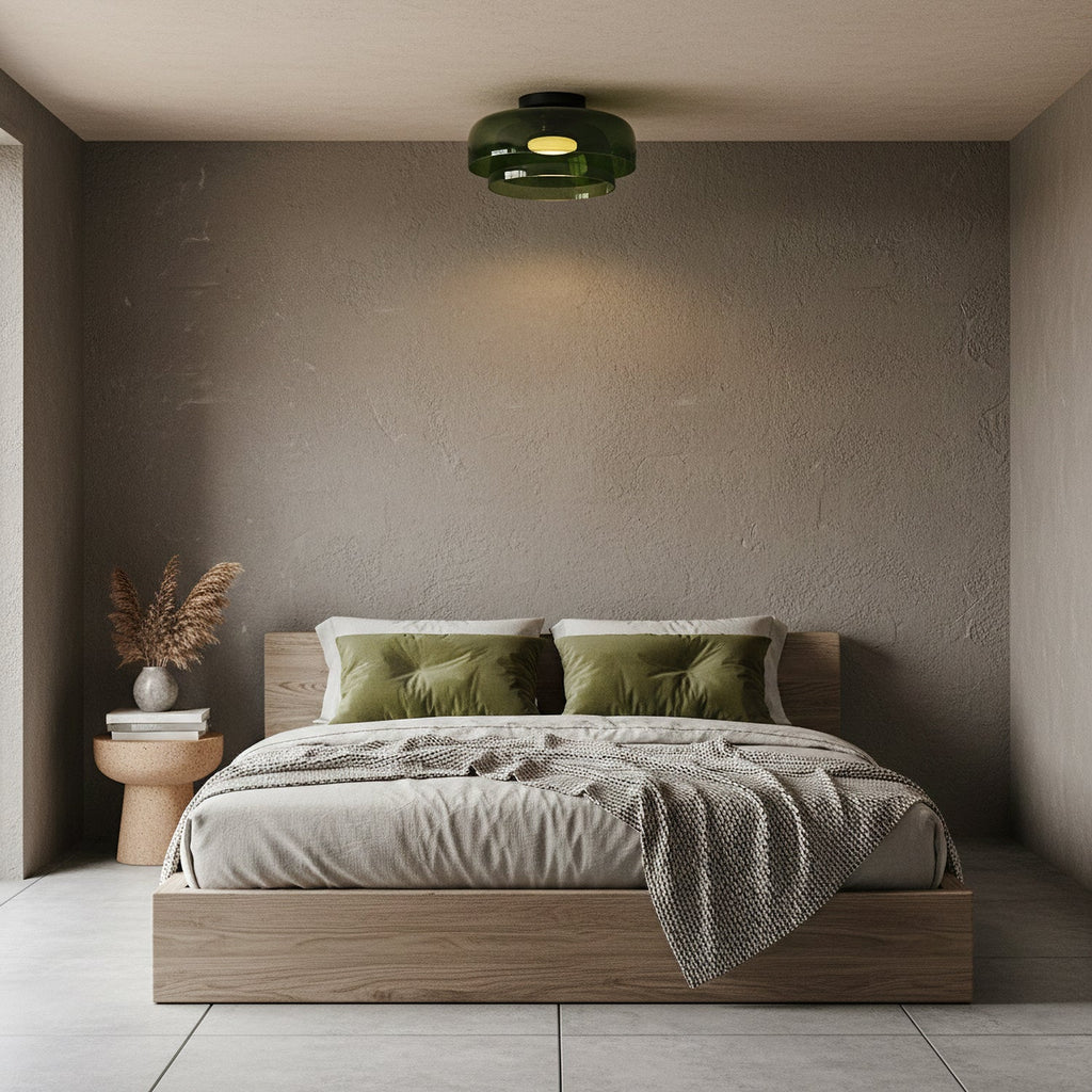 Retro green layered glass ceiling light fixture mounted in a modern bedroom with wooden bed and neutral decor.