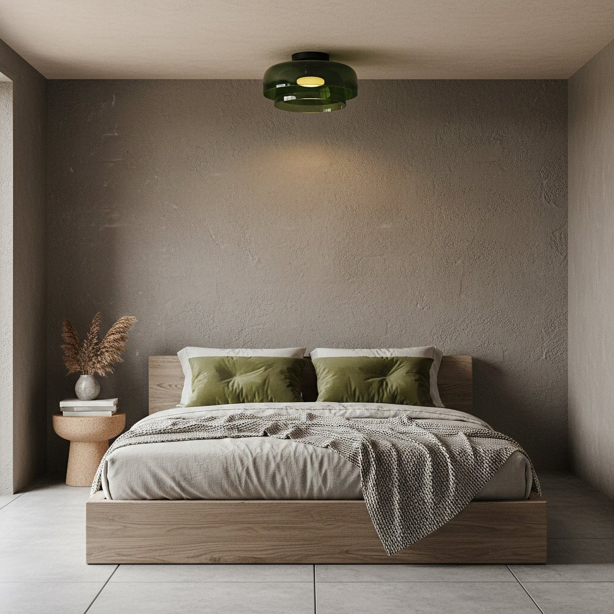 Retro green layered glass ceiling light fixture mounted in a modern bedroom with wooden bed and neutral decor.