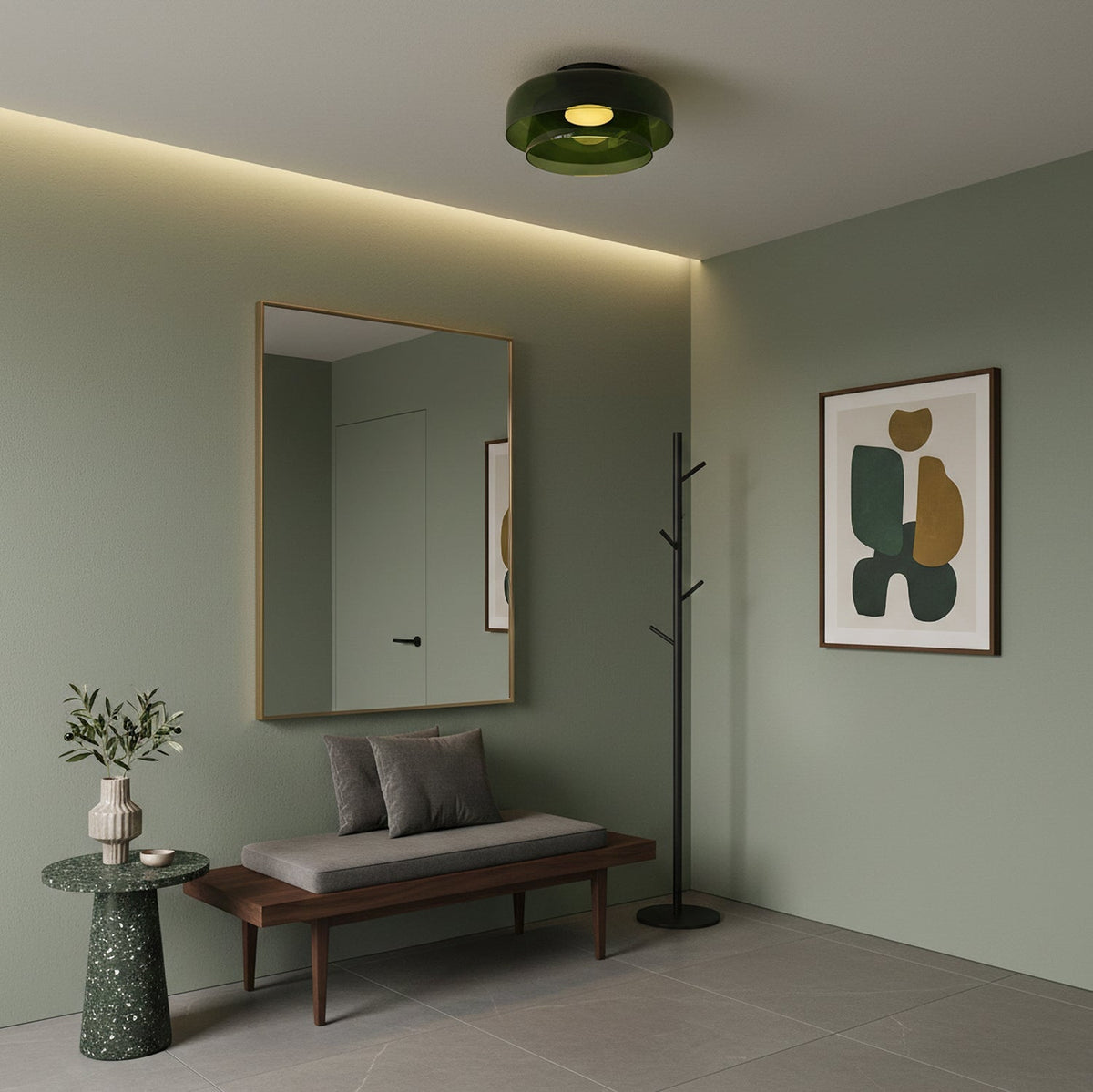 Retro green layered glass ceiling light with a stacked design, illuminating a modern entryway with a bench and mirror.