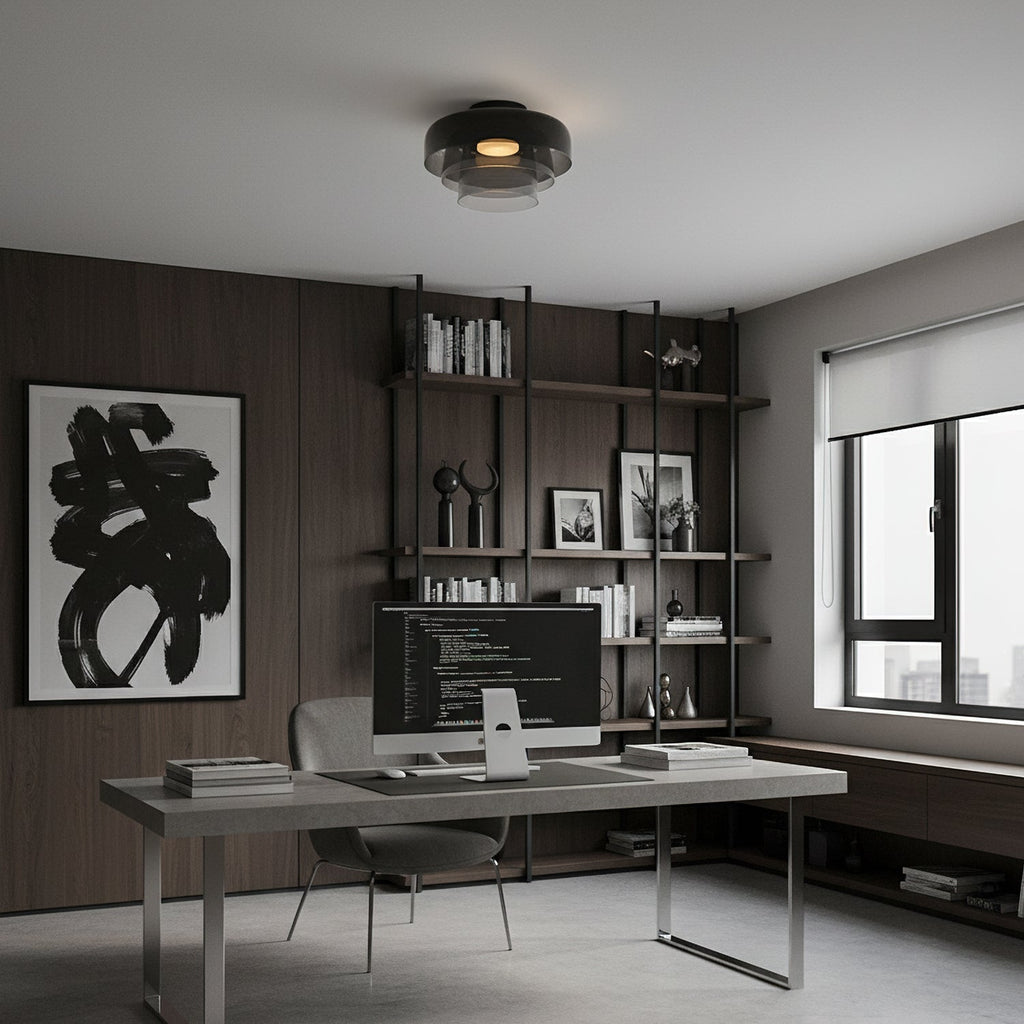 Retro layered smoky grey glass ceiling light with stacked tiers in a modern home office.