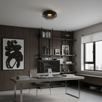 Retro layered smoky grey glass ceiling light with stacked tiers in a modern home office.