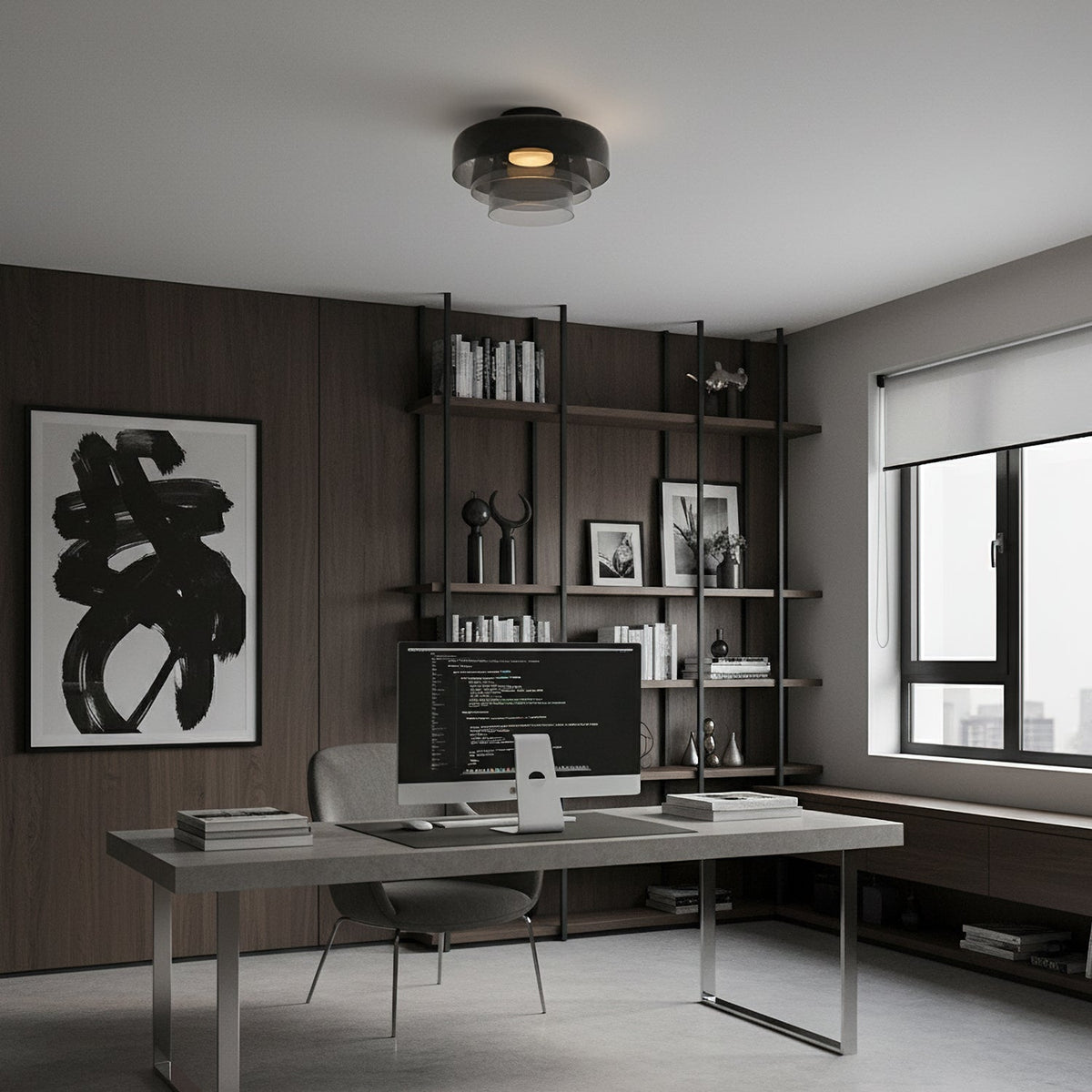 Retro layered smoky grey glass ceiling light with stacked tiers in a modern home office.