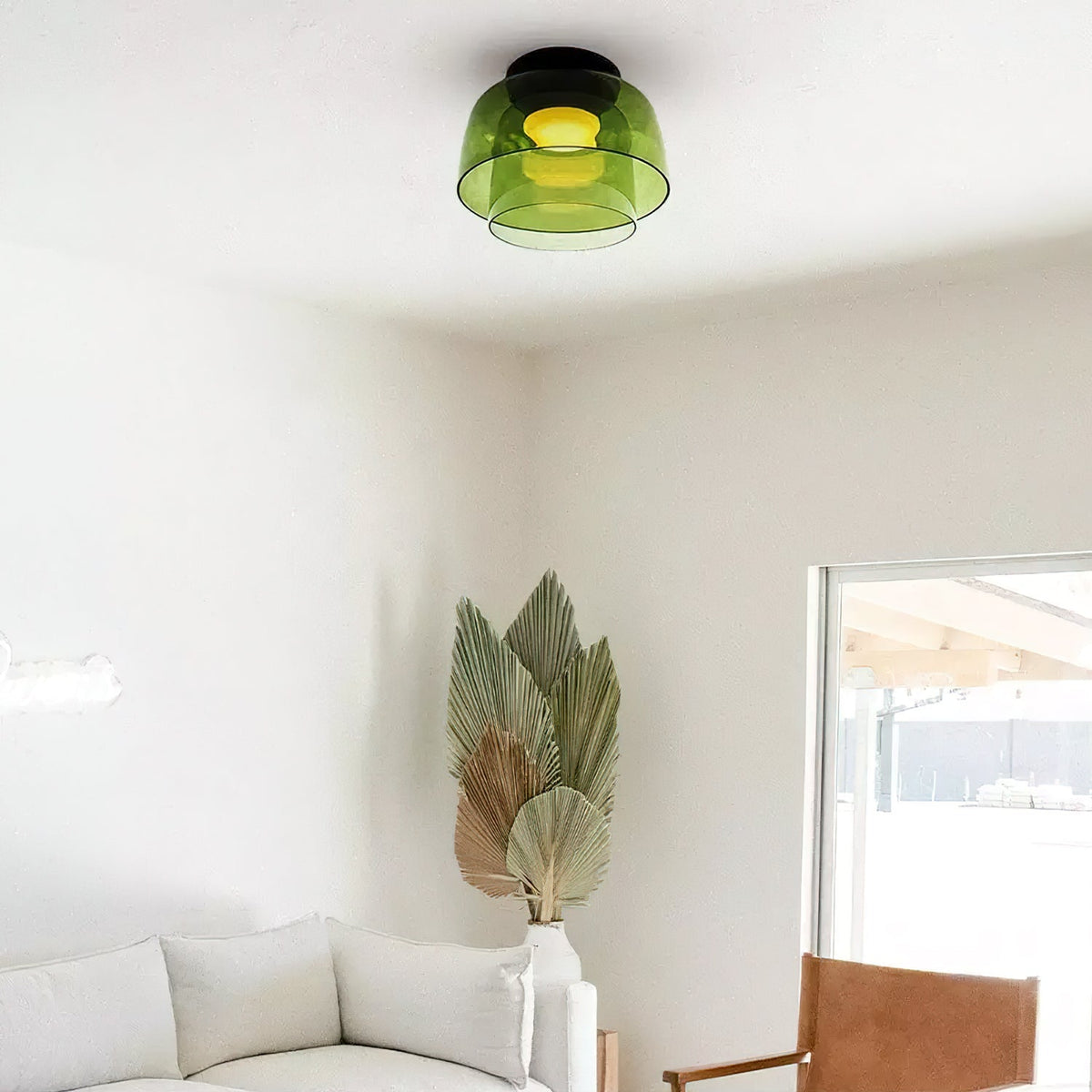 Retro layered green glass ceiling light with a stacked design in a modern living room.