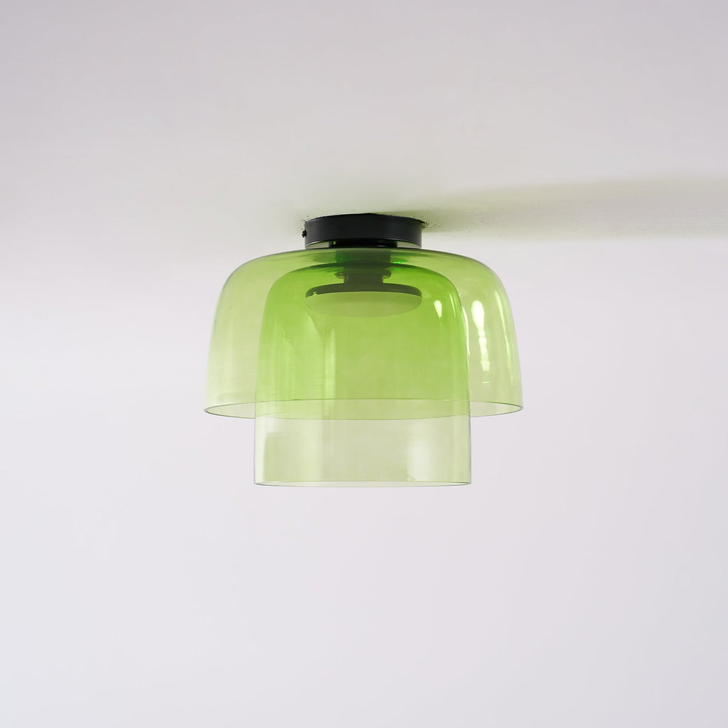 Retro layered ceiling light with stacked green glass tiers and a black mount, 32cm wide.