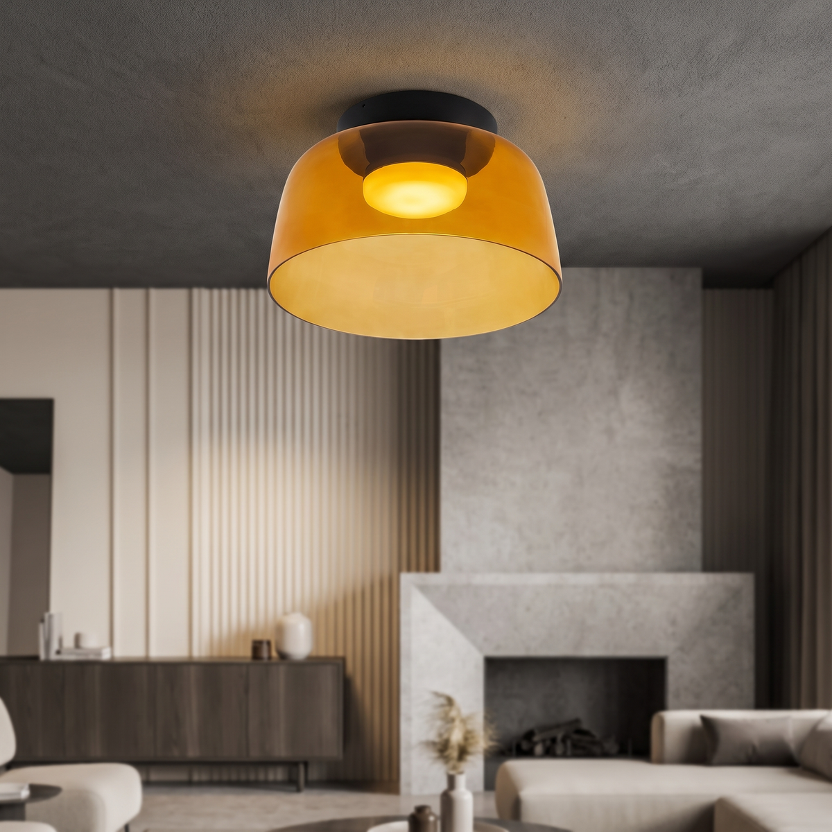 Retro layered orange glass ceiling light with a warm glow, mounted in a modern living room with a fireplace.