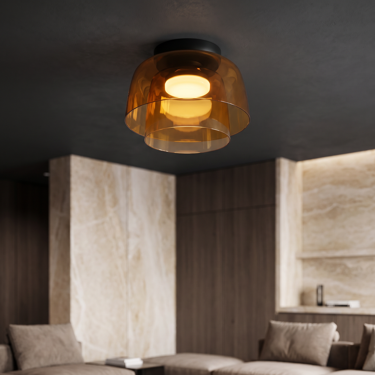 Retro orange layered glass ceiling light with a warm glowing bulb, mounted on a dark ceiling in a modern living room.