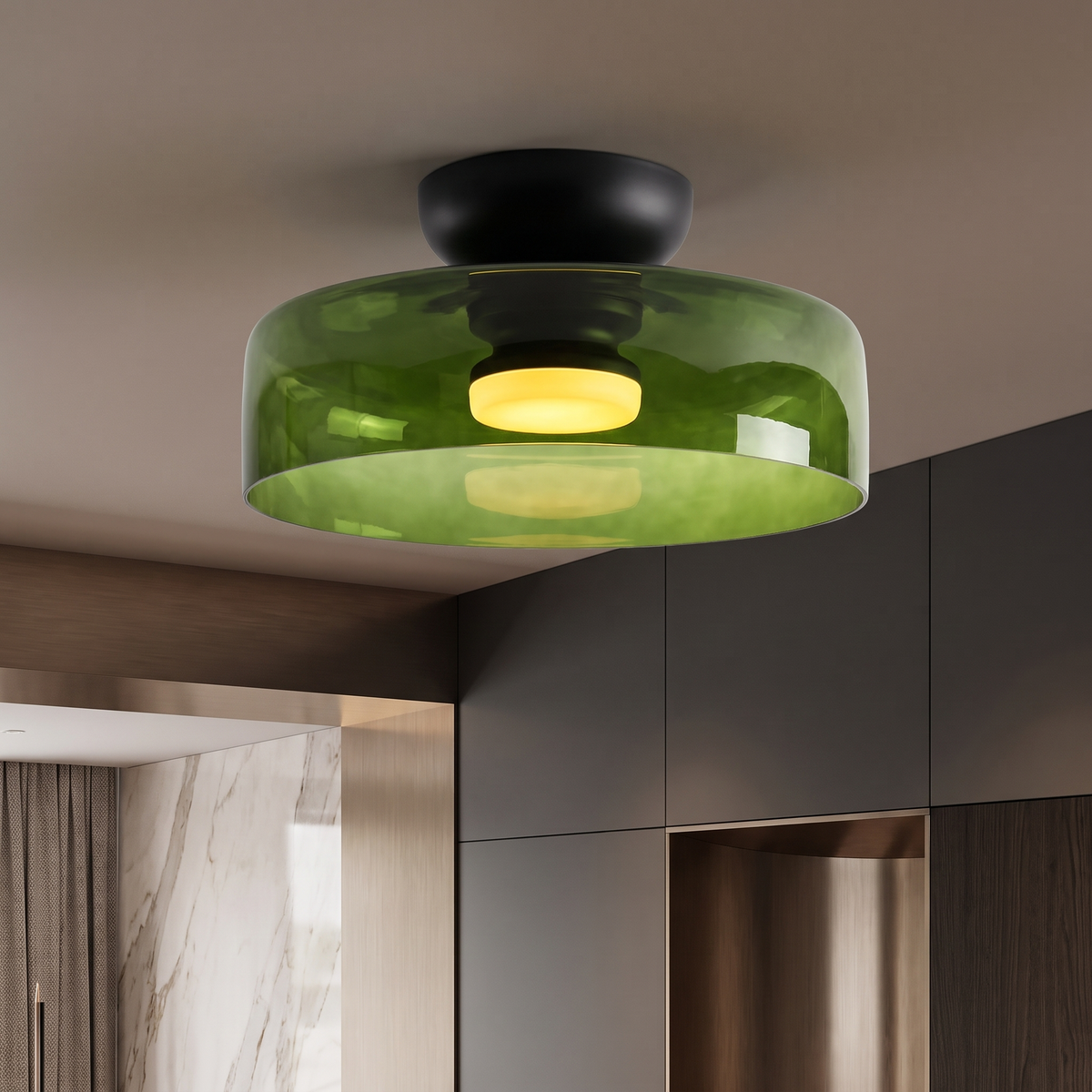 Retro green layered glass ceiling light with a black mount and warm glowing center bulb in a modern interior.