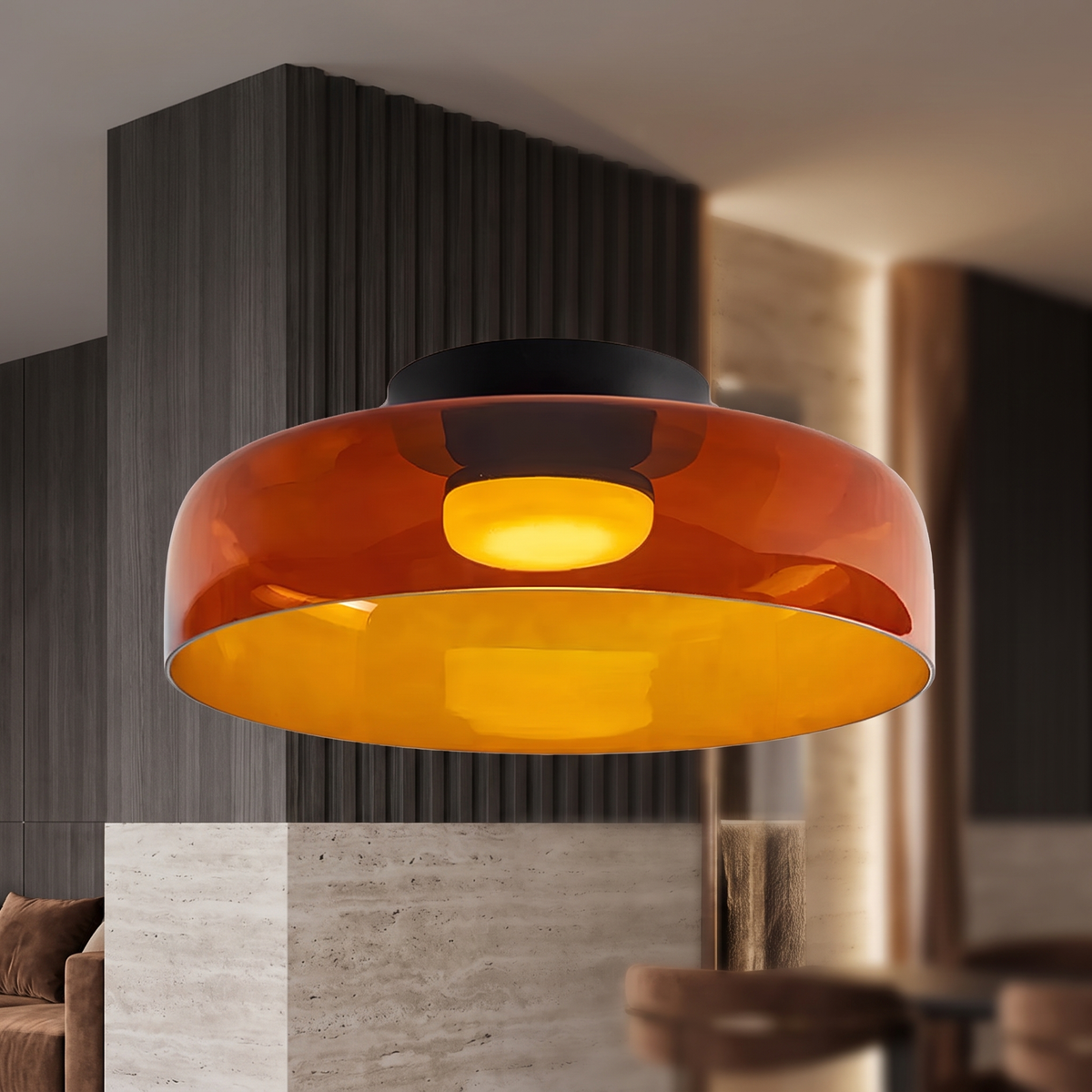 Retro layered orange glass ceiling light with a warm glowing bulb in a modern interior.