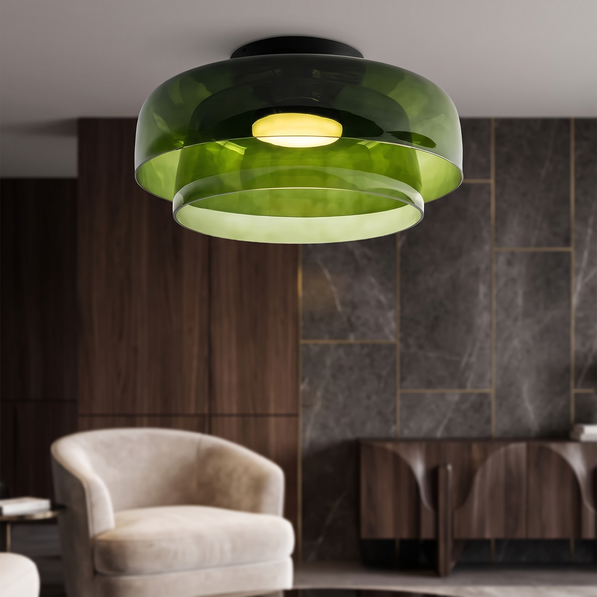 Retro layered green glass ceiling light with a stacked design and warm glowing center in a modern living room.