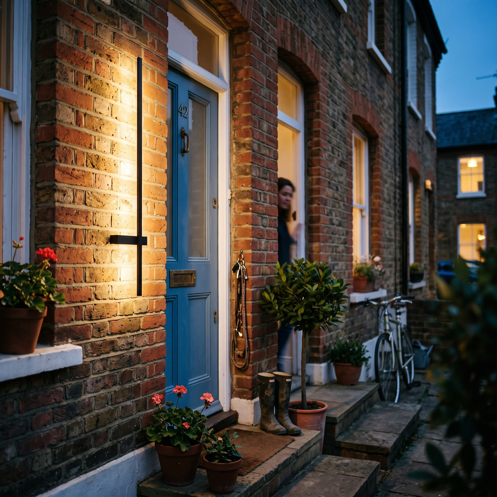 Long Outdoor Wall Light LED beside front door at dusk - Ray