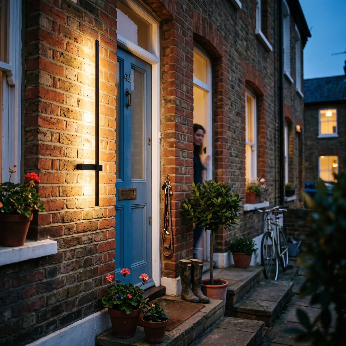 Long Outdoor Wall Light LED beside front door at dusk - Ray