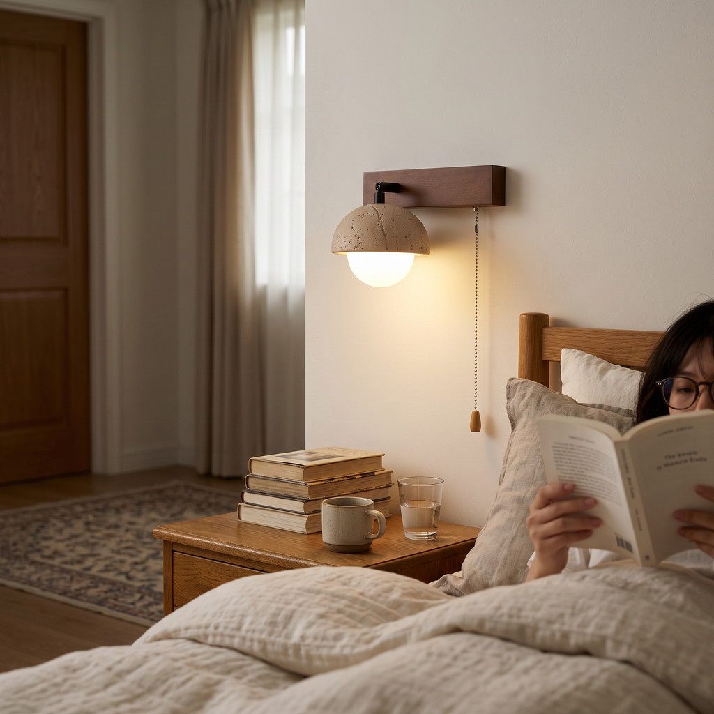 Linear Travertine Wall Light in bedroom above bedside table - Gevon