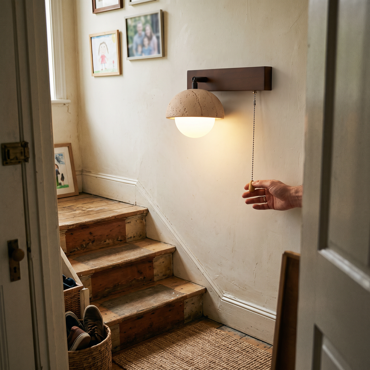 Linear Travertine Wall Light on staircase wall - Gevon