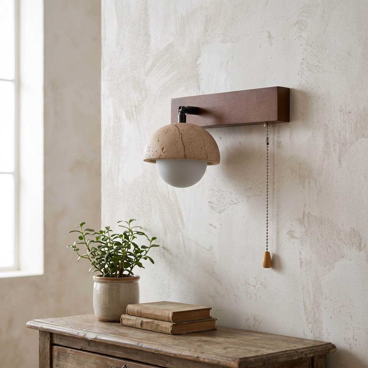 Linear Travertine Wall Light detail in daylight - Gevon
