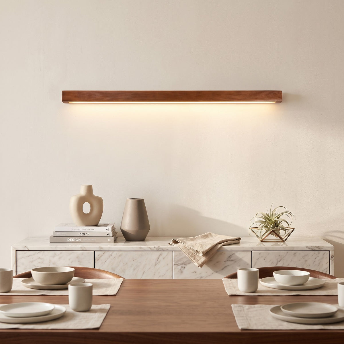 Linear Wood LED Wall Light – Brown in an elegant dining room above a marble sideboard