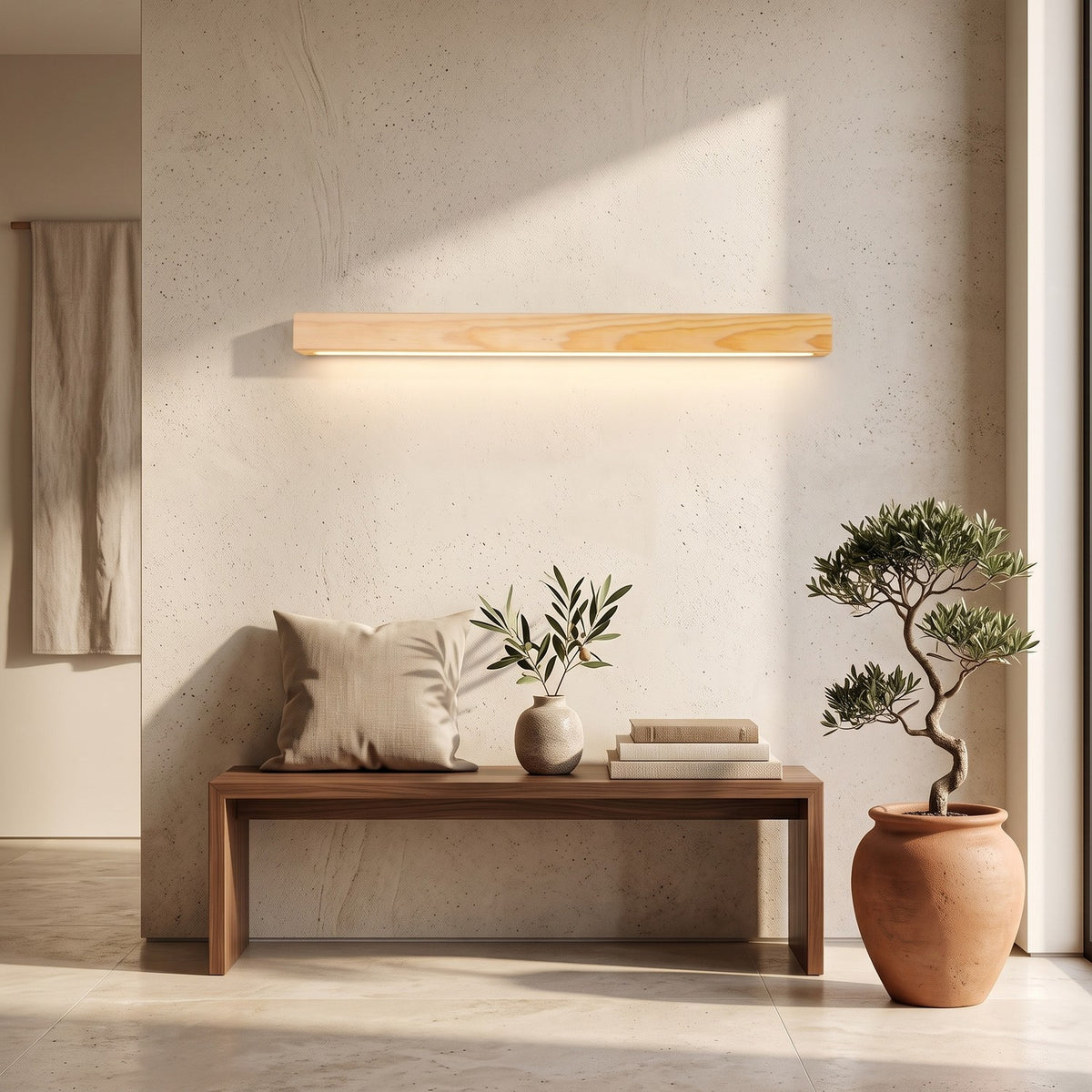 Linear Wood LED Wall Light – Wood in an entrance hall above a slim walnut bench