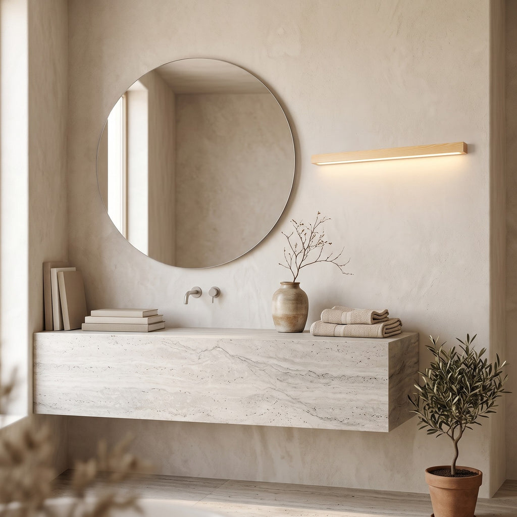 Linear Wood LED Wall Light – Wood in a spa-like bathroom beside a large round mirror and stone vanity