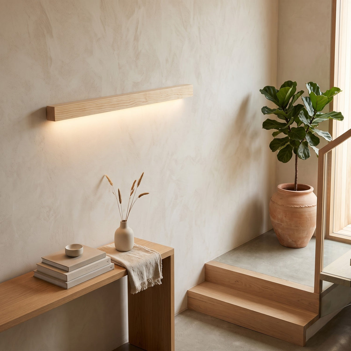 Linear Wood LED Wall Light – Wood in a staircase landing with limewashed walls