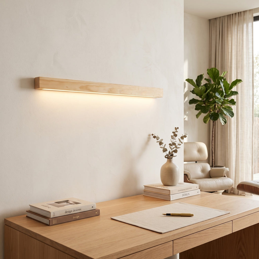 Linear Wood LED Wall Light – Wood in a calm home office above a solid oak desk