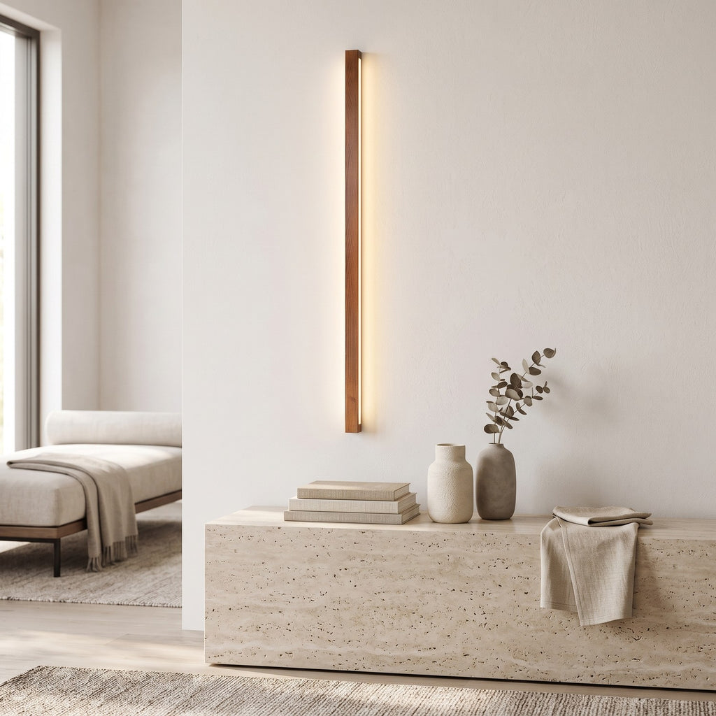 Linear Wood LED Wall Light – Brown in a bright living room above a travertine console
