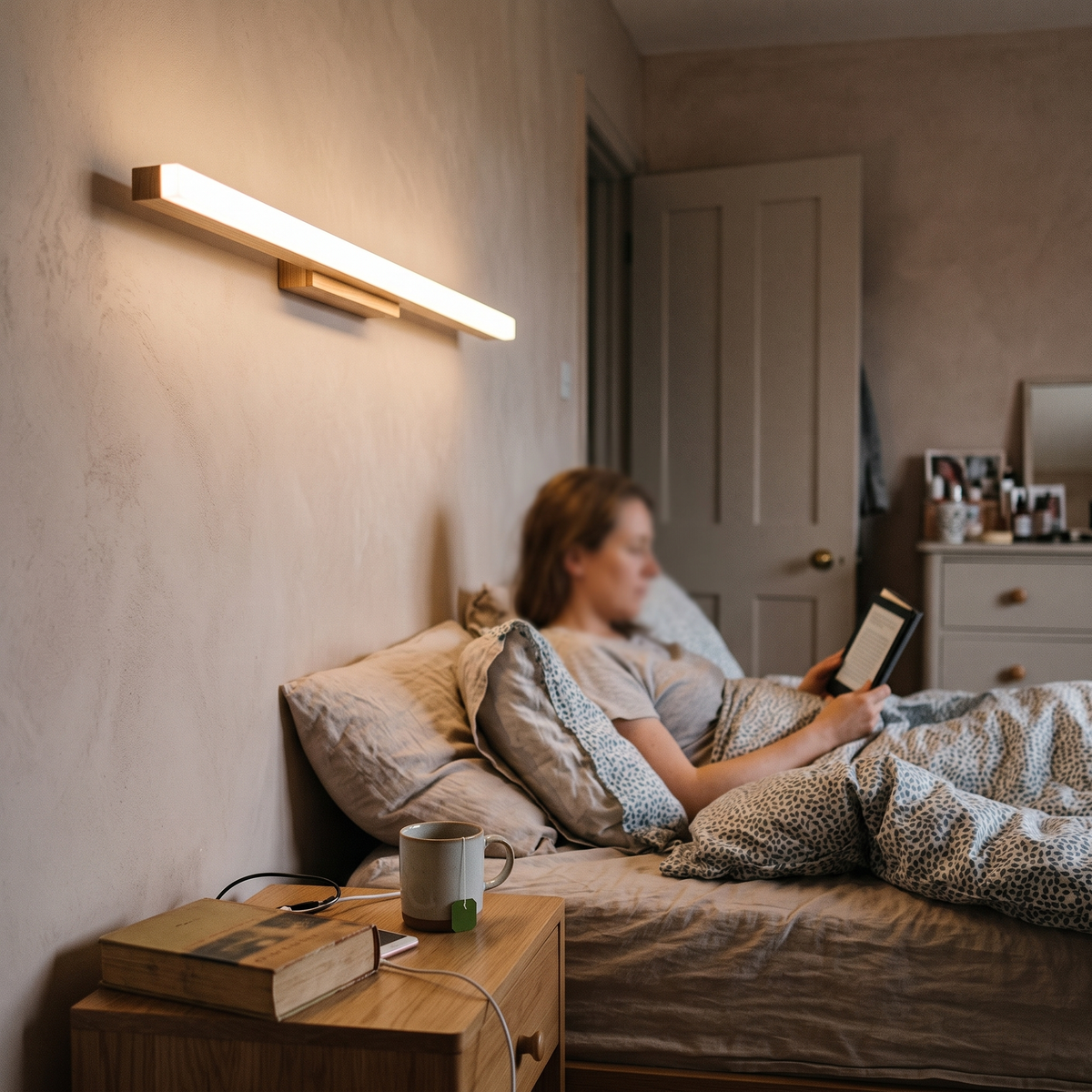 Wooden LED Wall Light Linear in bedroom above bedside table - Arisha