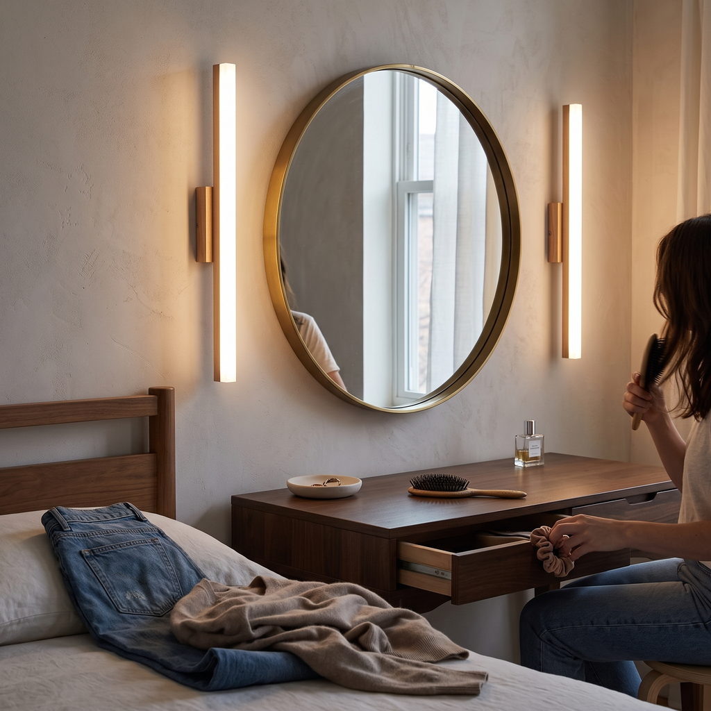 Wooden LED Wall Light Linear pair styled in interior - Arisha