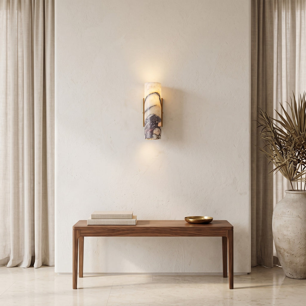 Marble Cylinder Wall Light – H 24cm in an entrance hall above a slim walnut bench