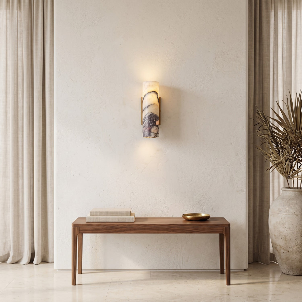 Marble Cylinder Wall Light – H 24cm in an entrance hall above a slim walnut bench